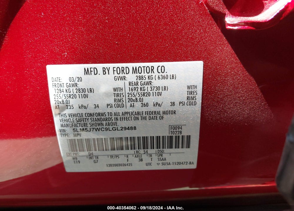 2020 LINCOLN AVIATOR RESERVE VIN: 5LM5J7WC9LGL29488