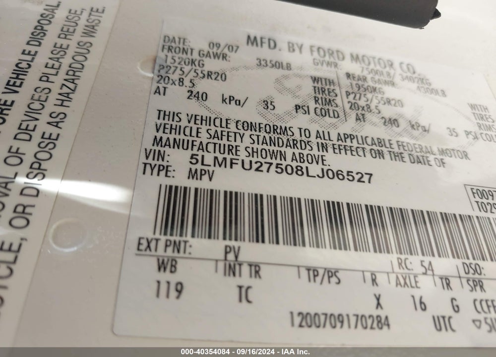 2008 LINCOLN NAVIGATOR VIN: 5LMFU27508LJ06527