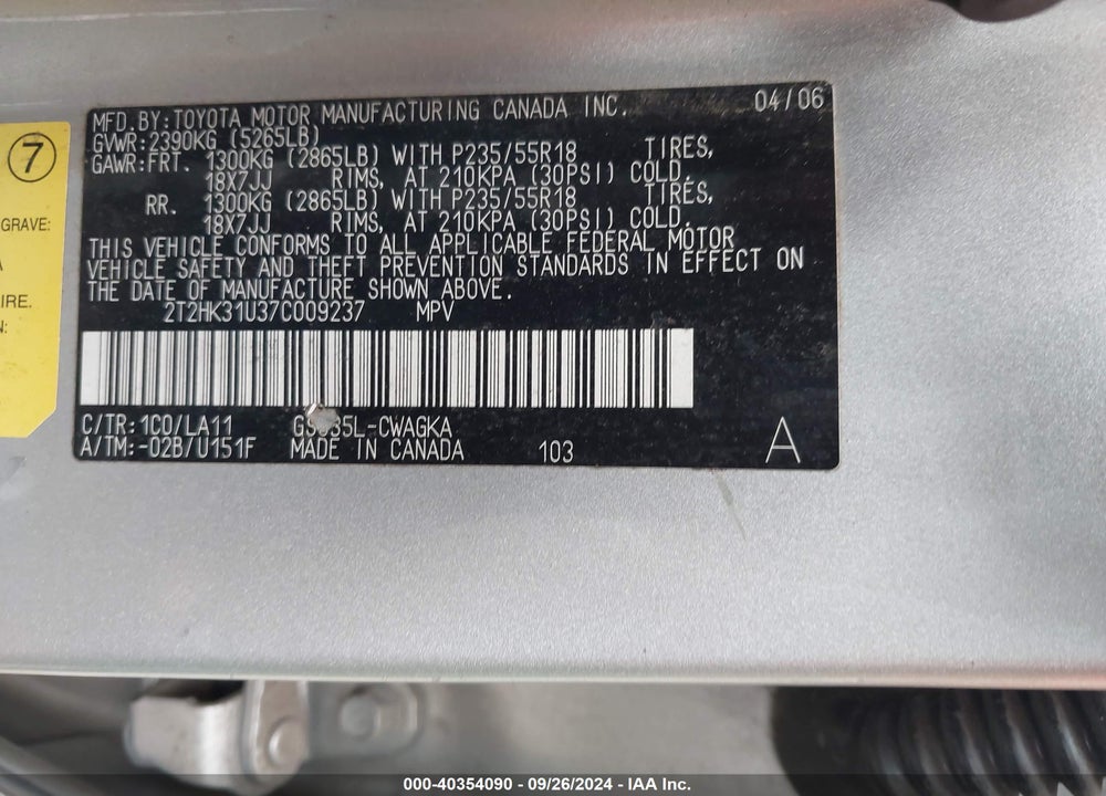 2007 LEXUS RX 350 VIN: 2T2HK31U37C009237