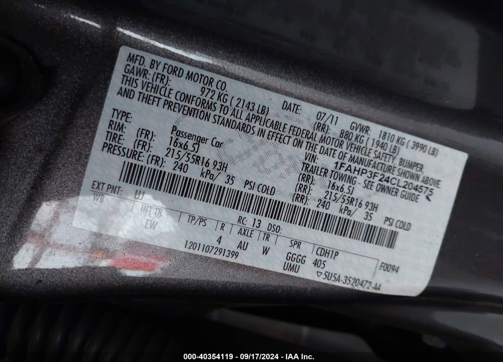 2012 FORD FOCUS SE VIN: 1FAHP3F24CL204575