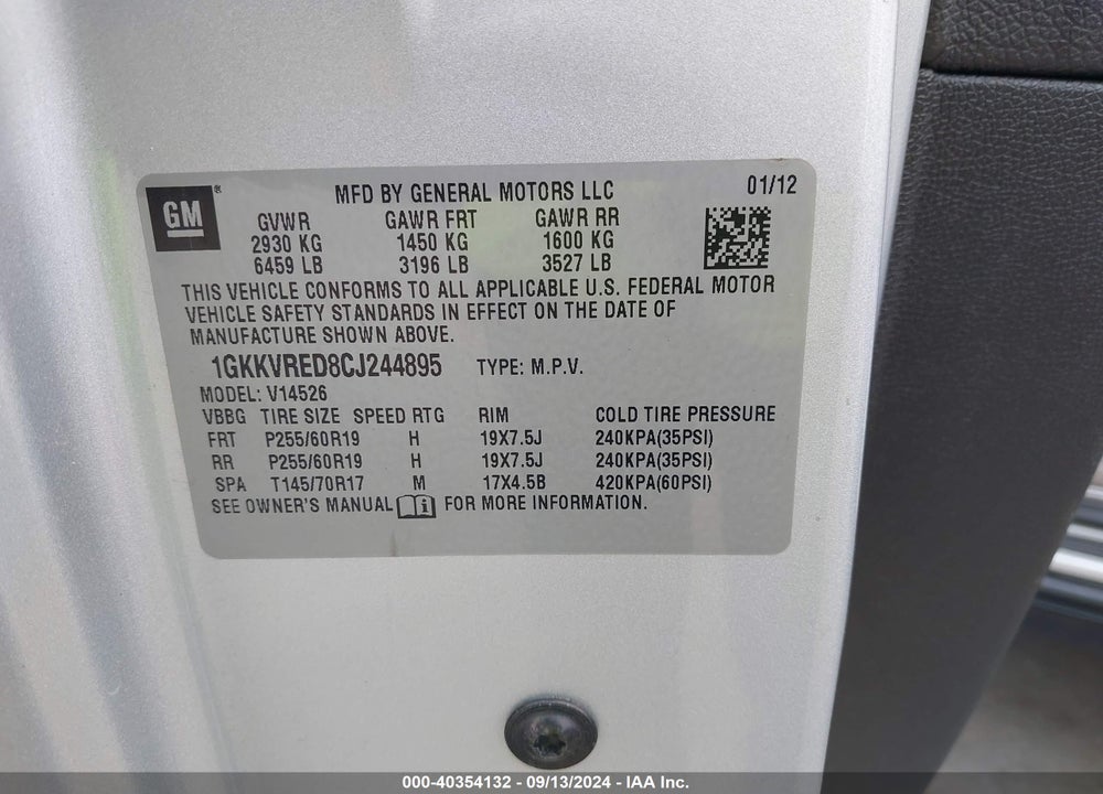 2012 GMC ACADIA SLT-1 VIN: 1GKKVRED8CJ244895