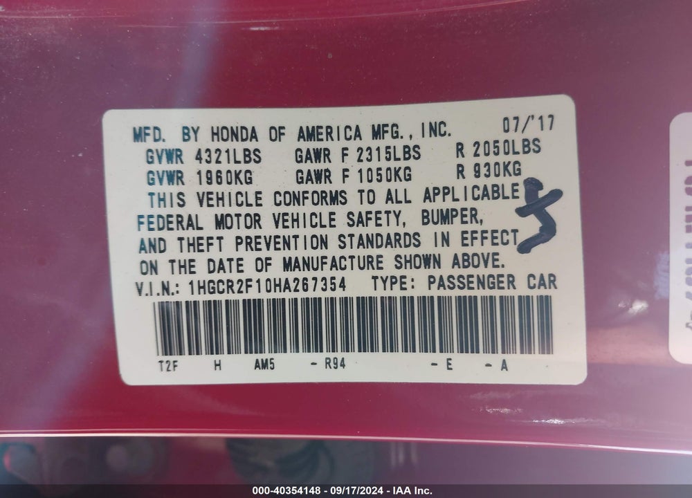 2017 HONDA ACCORD VIN: 1HGCR2F10HA267354