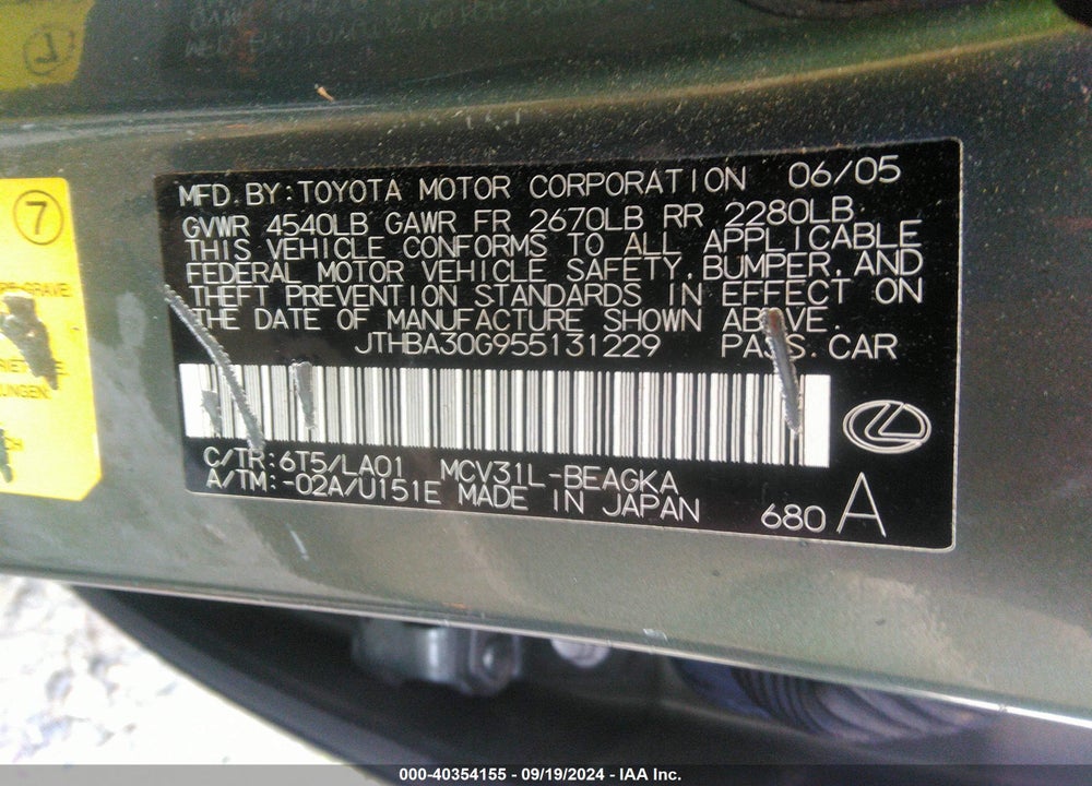 2005 LEXUS ES 330 VIN: JTHBA30G955131229