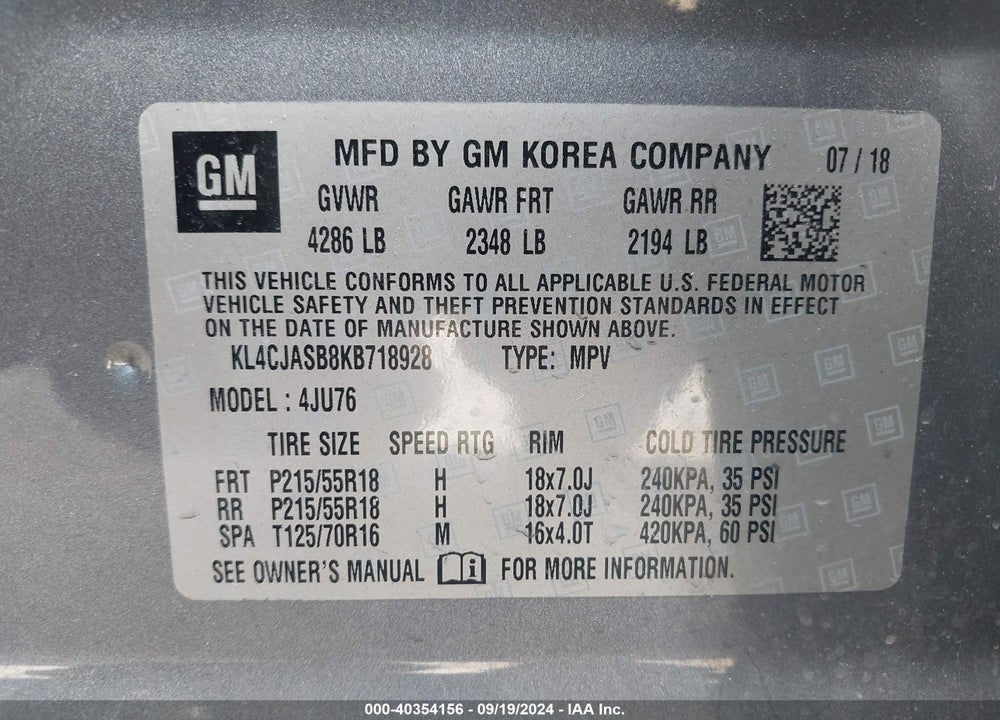 2019 BUICK ENCORE FWD PREFERRED VIN: KL4CJASB8KB718928