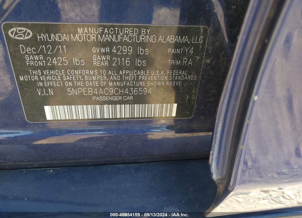2012 HYUNDAI SONATA GLS VIN: 5NPEB4AC9CH436594