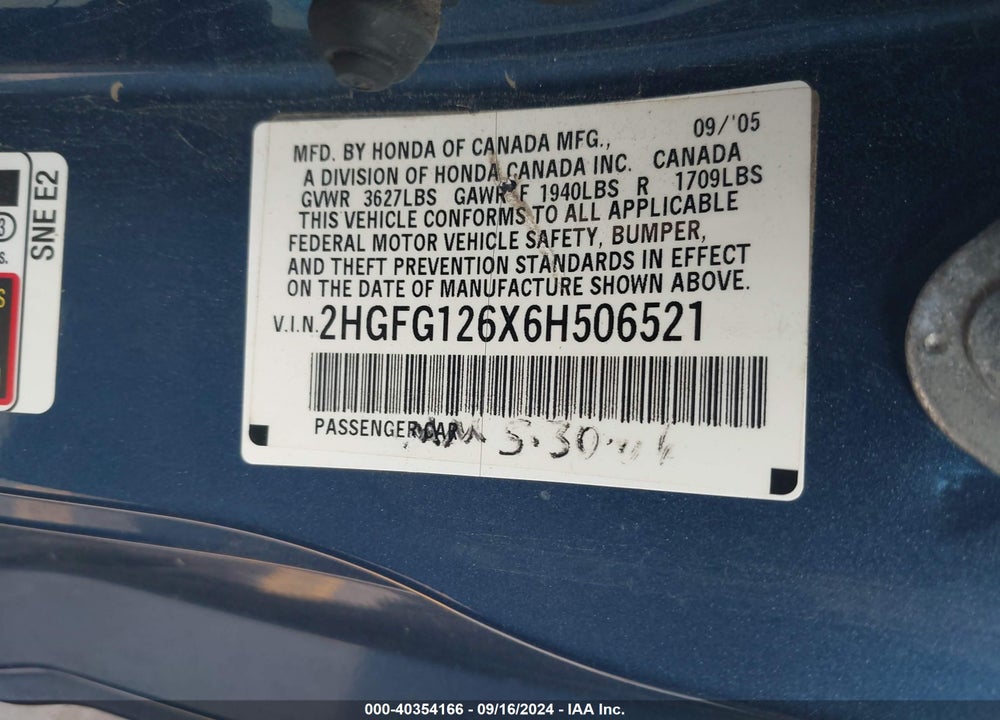 2006 HONDA CIVIC LX VIN: 2HGFG126X6H506521