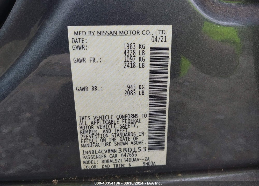 2021 NISSAN ALTIMA SR FWD VIN: 1N4BL4CV8MN380153