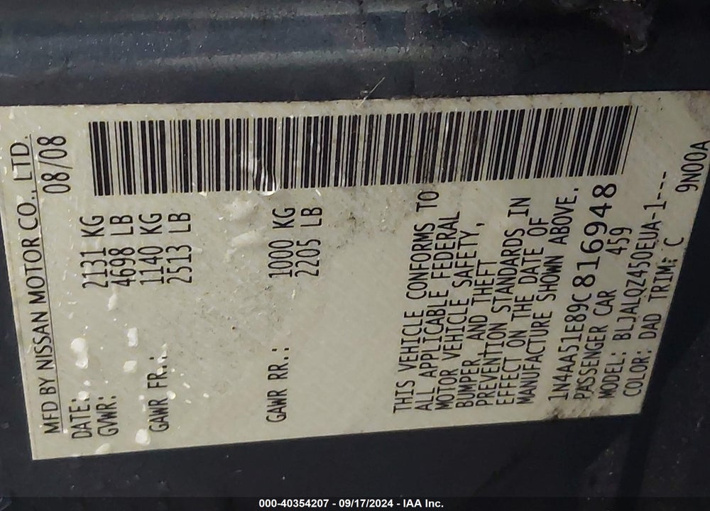 2009 NISSAN MAXIMA 3.5 S VIN: 1N4AA51E89C816948