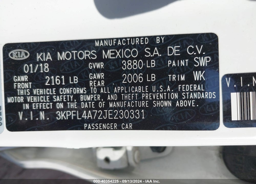 2018 KIA FORTE LX VIN: 3KPFL4A72JE230331