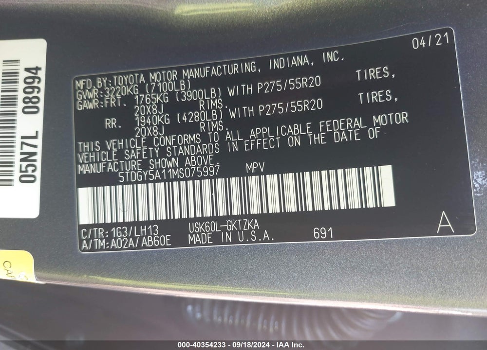 2021 TOYOTA SEQUOIA PLATINUM VIN: 5TDGY5A11MS075997