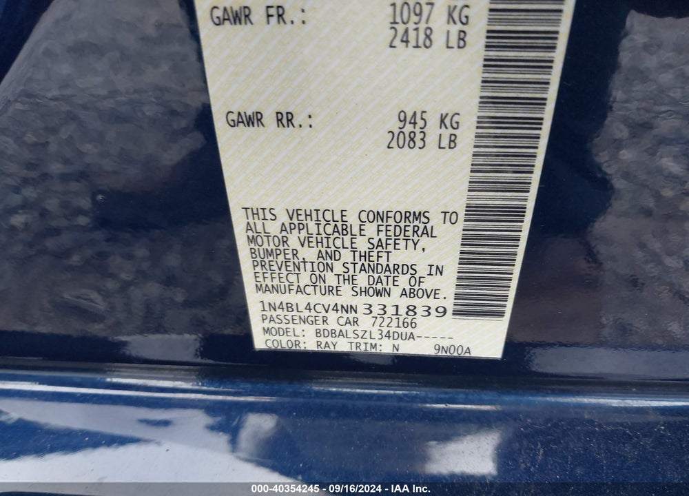 2022 NISSAN ALTIMA SR FWD VIN: 1N4BL4CV4NN331839