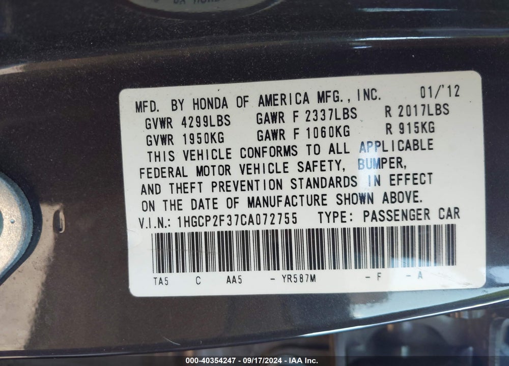 2012 HONDA ACCORD 2.4 LX VIN: 1HGCP2F37CA072755