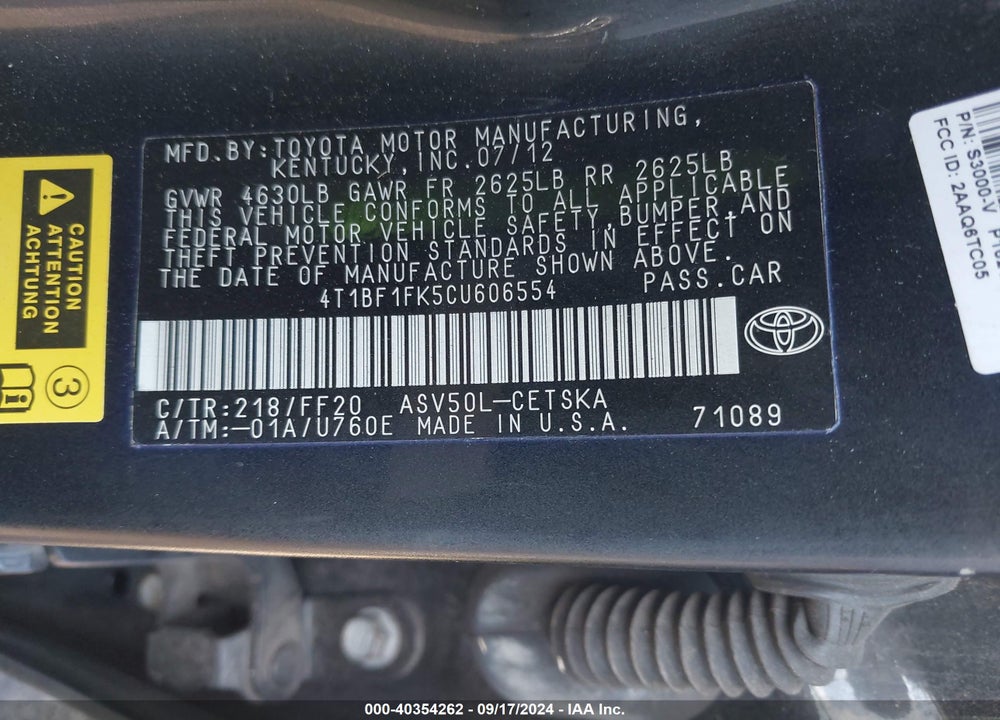 2012 TOYOTA CAMRY SE VIN: 4T1BF1FK5CU606554