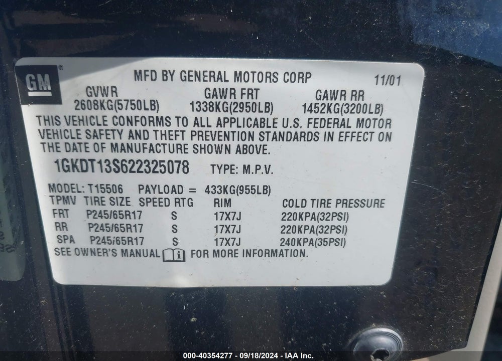 2002 GMC ENVOY SLT VIN: 1GKDT13S622325078