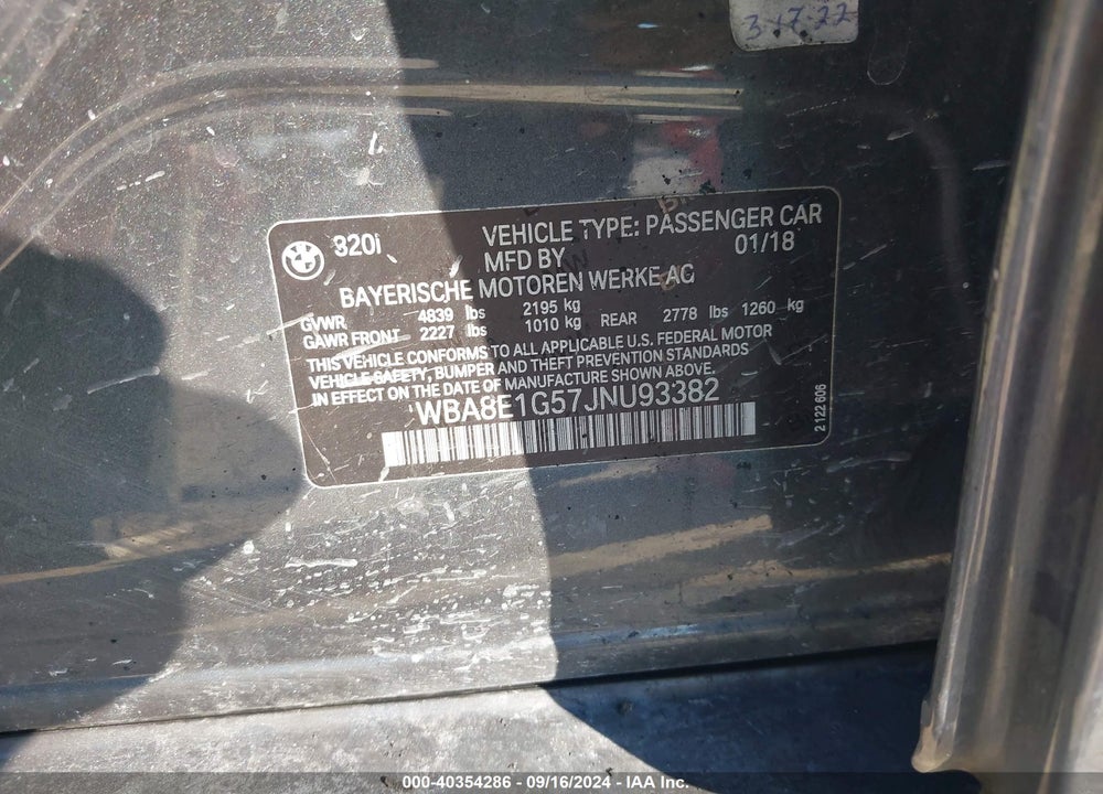 2018 BMW 320I VIN: WBA8E1G57JNU93382