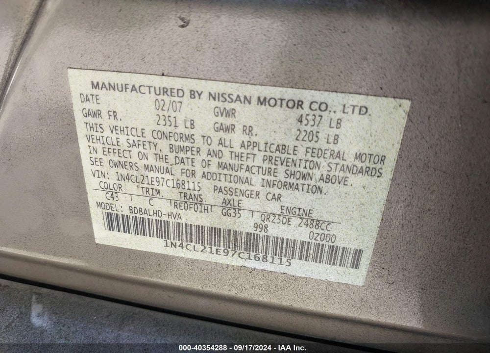 2007 NISSAN ALTIMA HYBRID VIN: 1N4CL21E97C168115