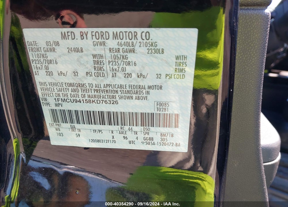 2008 FORD ESCAPE LIMITED VIN: 1FMCU94158KD76326