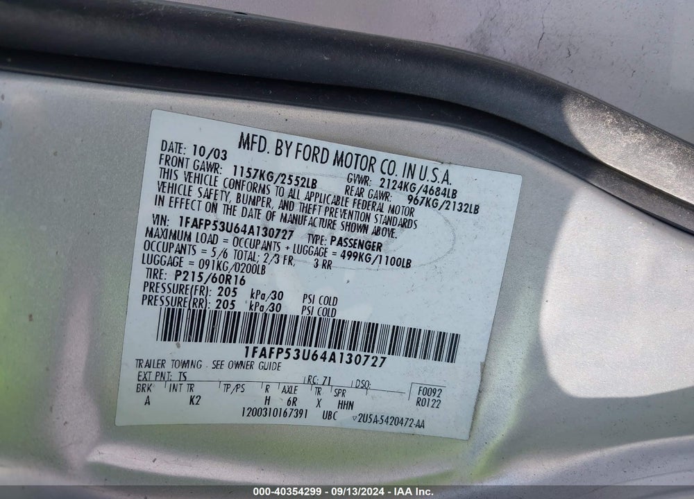 2004 FORD TAURUS SE VIN: 1FAFP53U64A130727