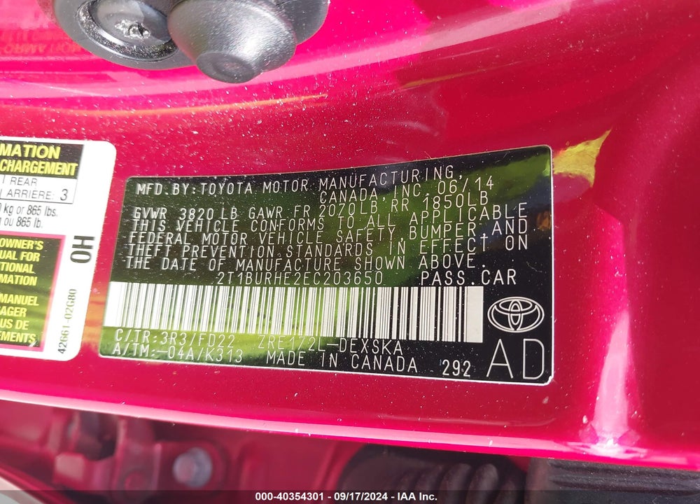 2014 TOYOTA COROLLA S PLUS VIN: 2T1BURHE2EC203650