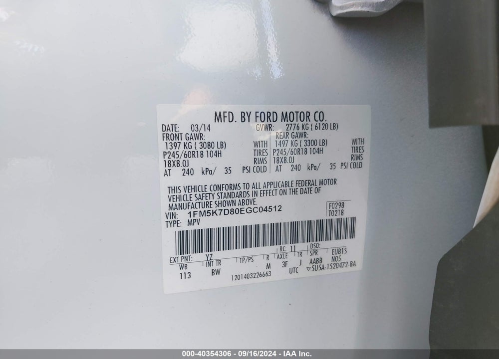 2014 FORD EXPLORER XLT VIN: 1FM5K7D80EGC04512