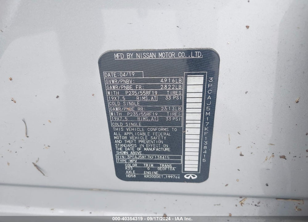 2019 INFINITI QX50 LUXE VIN: 3PCAJ5M17KF138415