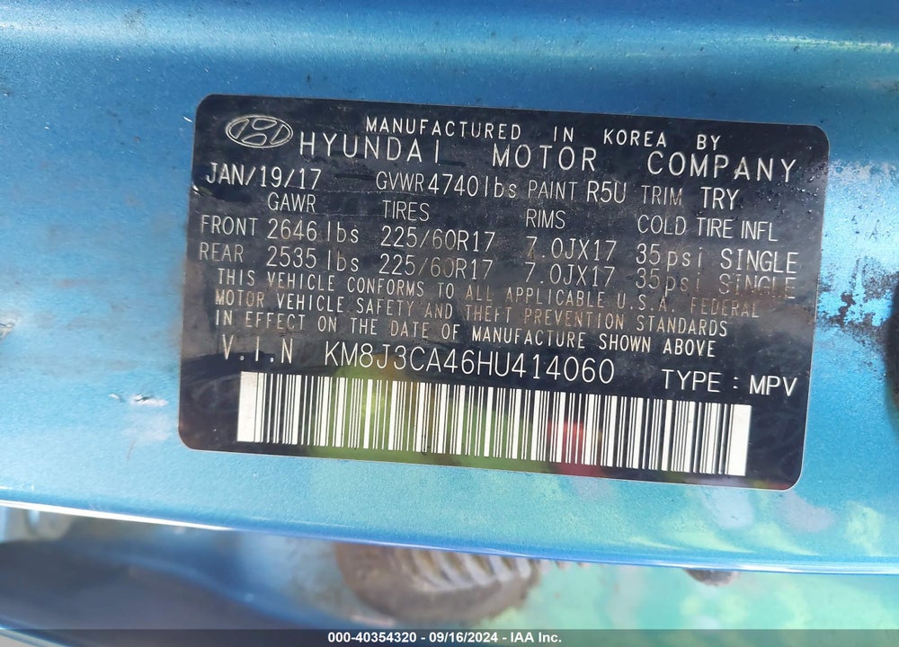 2017 HYUNDAI TUCSON SE VIN: KM8J3CA46HU414060