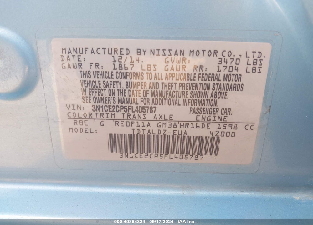 2015 NISSAN VERSA NOTE S (SR)/S PLUS/SL/SR/SV VIN: 3N1CE2CP5FL405787