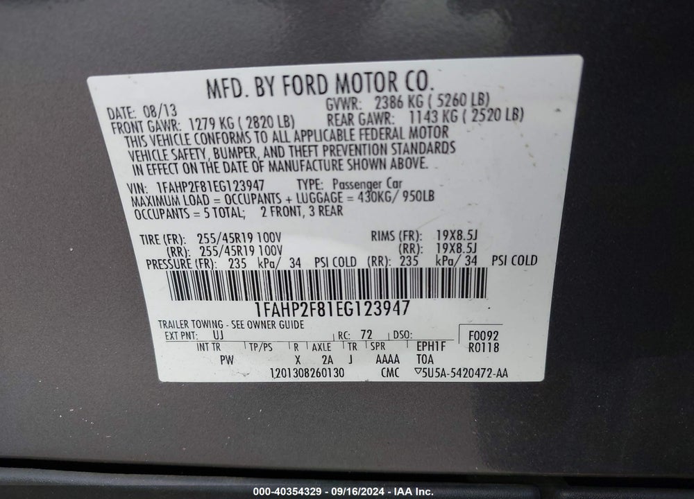 2014 FORD TAURUS LIMITED VIN: 1FAHP2F81EG123947