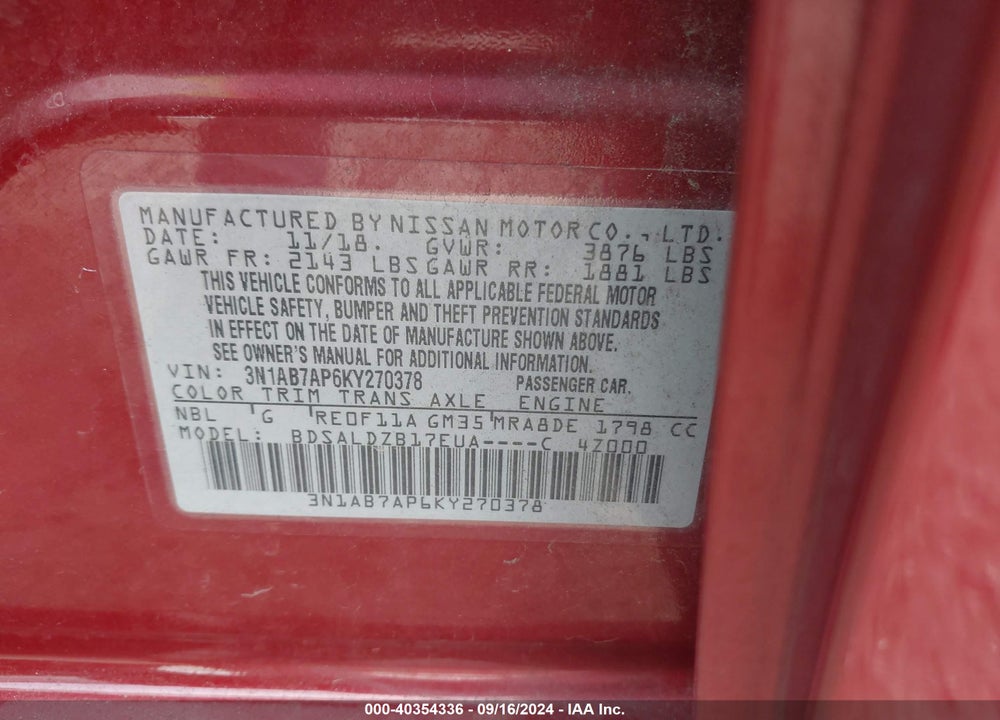 2019 NISSAN SENTRA SV VIN: 3N1AB7AP6KY270378