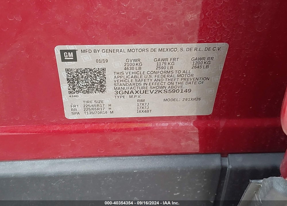 2019 CHEVROLET EQUINOX LT VIN: 3GNAXUEV2KS590149