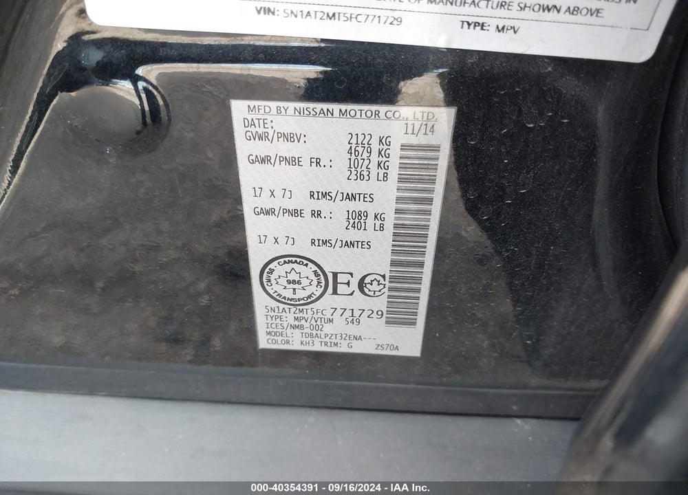 2015 NISSAN ROGUE S/SL/SV VIN: 5N1AT2MT5FC771729