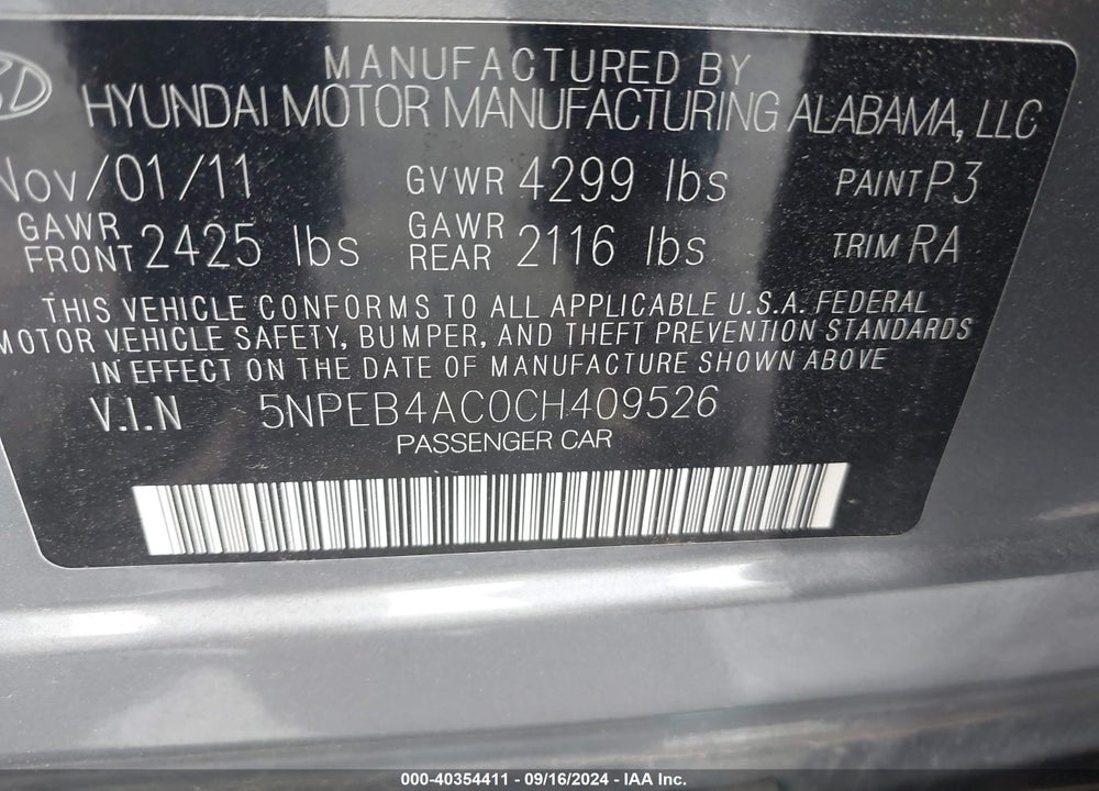 2012 HYUNDAI SONATA GLS VIN: 5NPEB4AC0CH409526