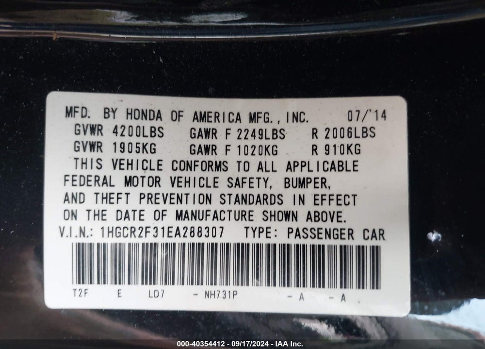 2014 HONDA ACCORD LX VIN: 1HGCR2F31EA288307