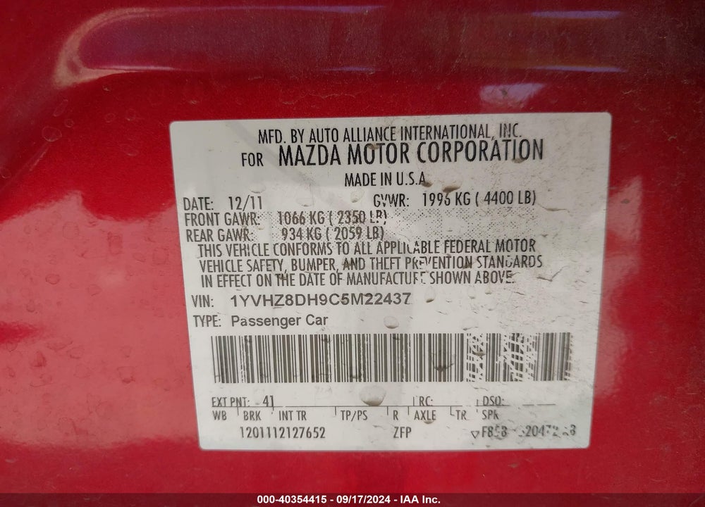 2012 MAZDA 6 I TOURING VIN: 1YVHZ8DH9C5M22437