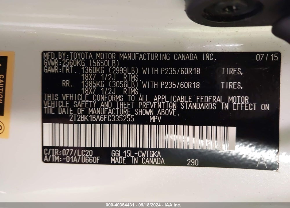 2015 LEXUS RX 350 VIN: 2T2BK1BA6FC335255