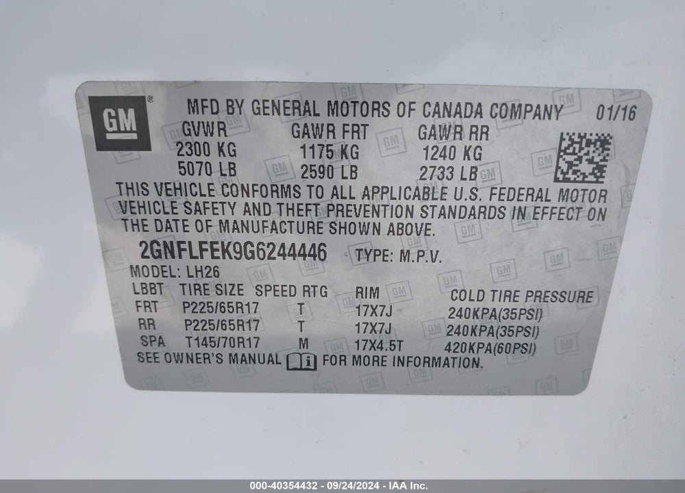 2016 CHEVROLET EQUINOX LT VIN: 2GNFLFEK9G6244446