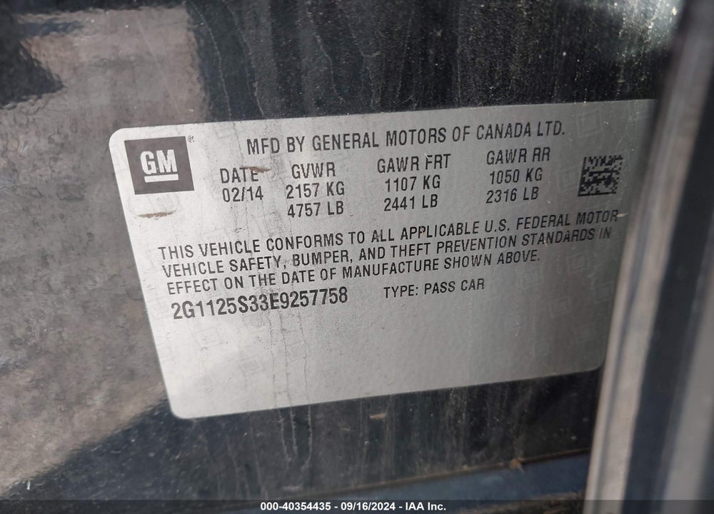 2014 CHEVROLET IMPALA 2LT VIN: 2G1125S33E9257758