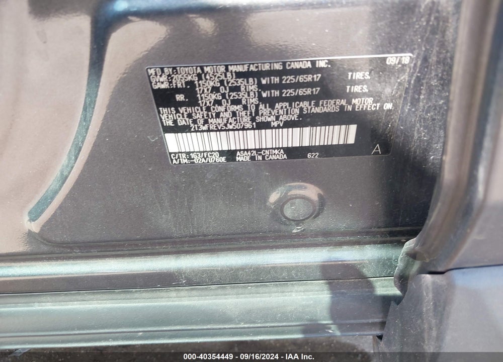 2018 TOYOTA RAV4 XLE VIN: 2T3WFREV5JW507961