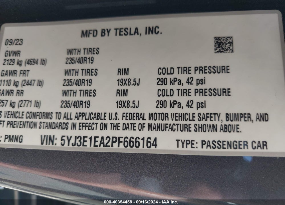 2023 TESLA MODEL 3 REAR-WHEEL DRIVE VIN: 5YJ3E1EA2PF666164