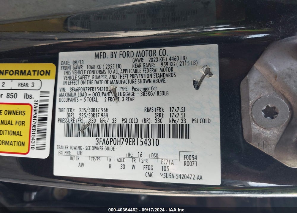 2014 FORD FUSION SE VIN: 3FA6P0H79ER154310