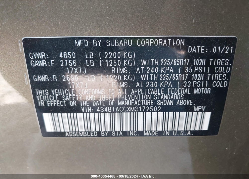 2021 SUBARU OUTBACK PREMIUM VIN: 4S4BTACCXM3172502