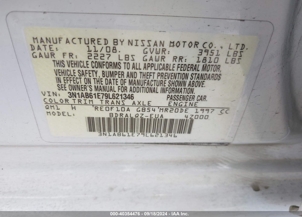 2009 NISSAN SENTRA VIN: 3N1AB61E79L621346