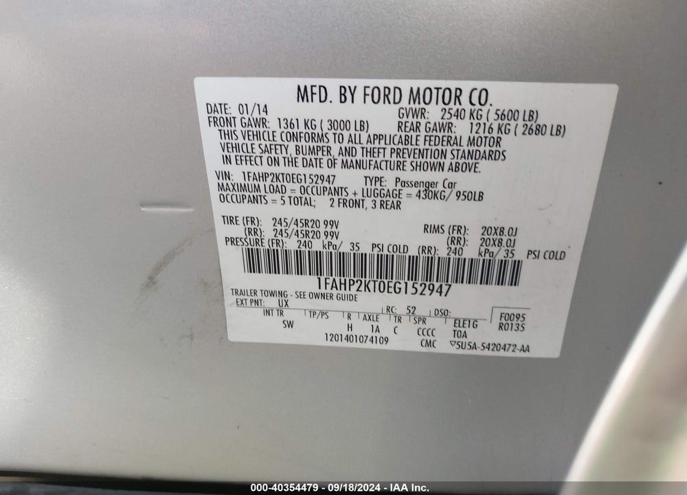 2014 FORD TAURUS SHO VIN: 1FAHP2KT0EG152947