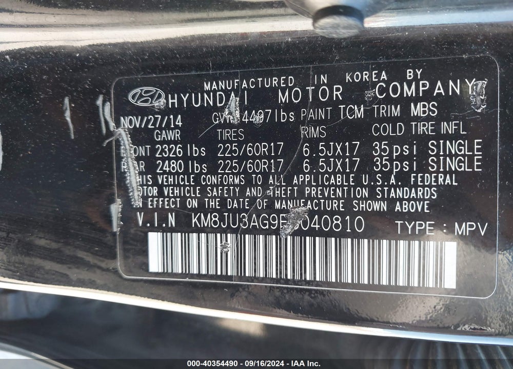 2015 HYUNDAI TUCSON SE VIN: KM8JU3AG9FU040810