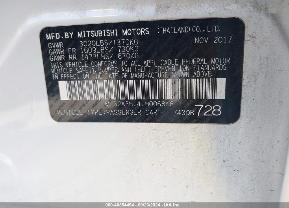 2018 MITSUBISHI MIRAGE ES VIN: ML32A3HJ4JH006846