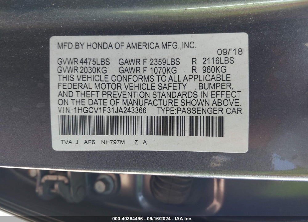 2018 HONDA ACCORD SPORT VIN: 1HGCV1F31JA243366