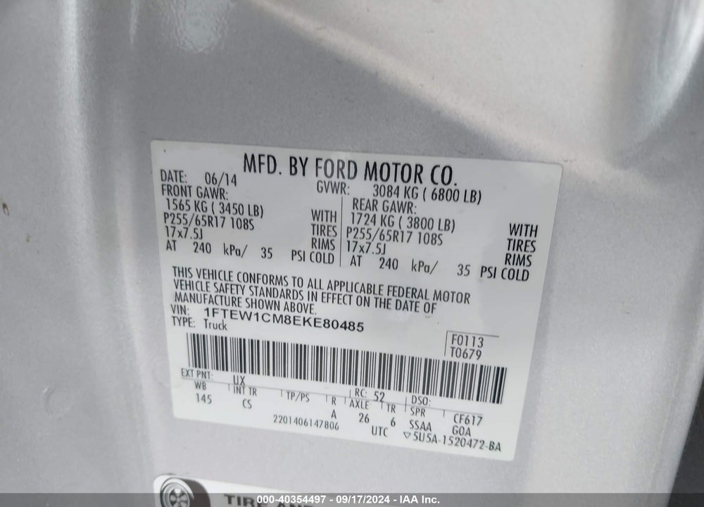 2014 FORD F-150 XL VIN: 1FTEW1CM8EKE80485
