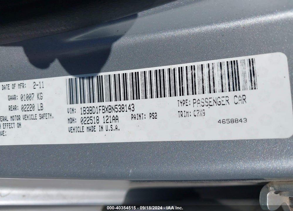 2011 DODGE AVENGER MAINSTREET VIN: 1B3BD1FBXBN538143