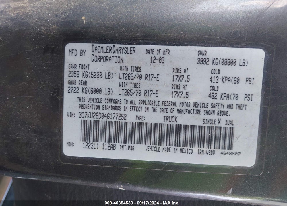 2004 DODGE RAM 2500 SLT/LARAMIE/ST VIN: 3D7KU28D04G177252