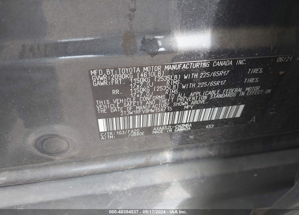 2021 TOYOTA RAV4 VIN: 2T3W1RFV8MW154715